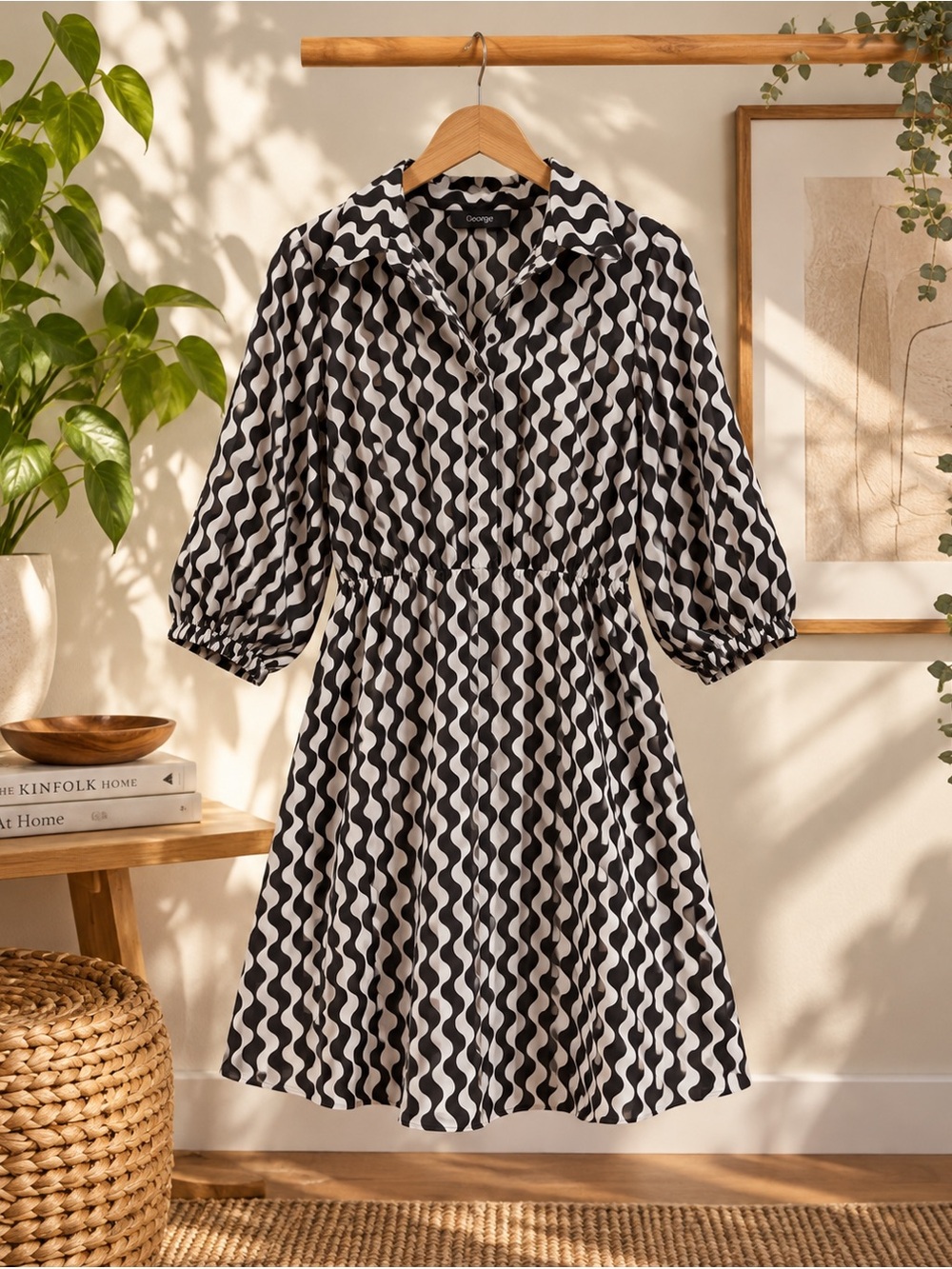 George Black and White Wave-Print Collared Midi Dress